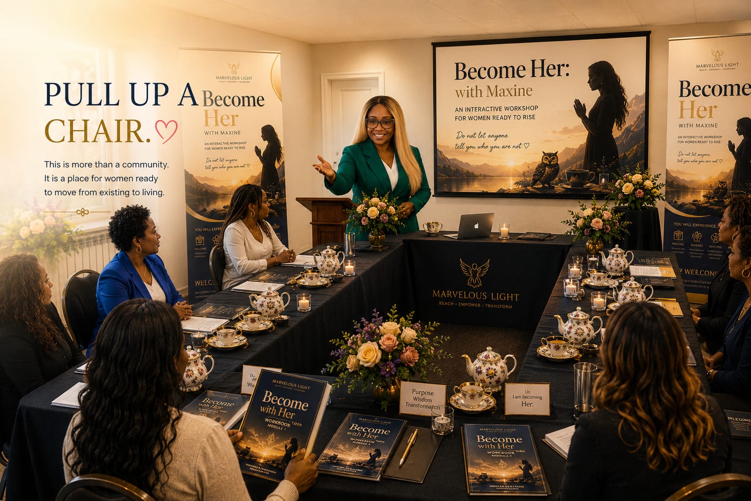 Maxine facilitating a Become Her™ workshop — women gathered around U-shaped tables with floral tea china, Become Her™ workbooks, fresh flowers and Marvelous Light banners