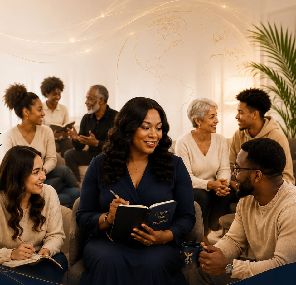 A warm circle of men and women gathered with journals and coffee mugs, talking together under a glowing world map illustration