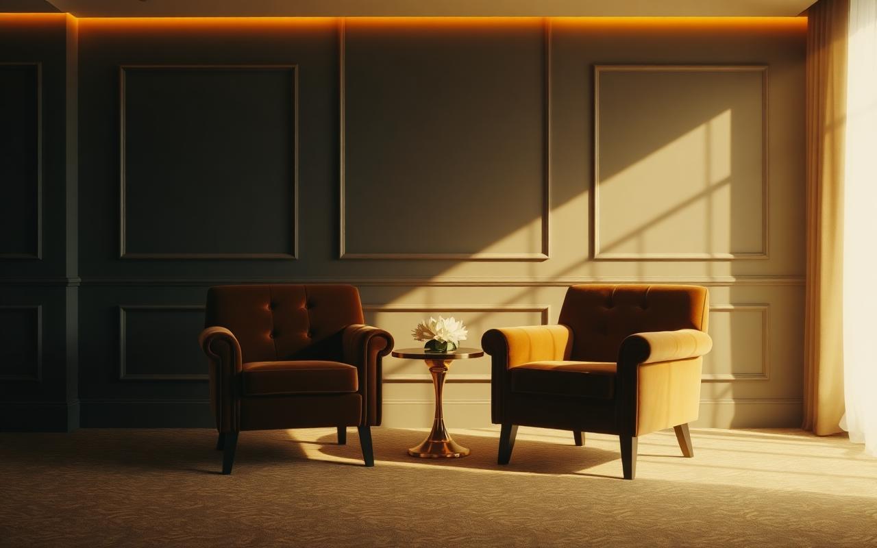 Two velvet armchairs facing each other in golden light