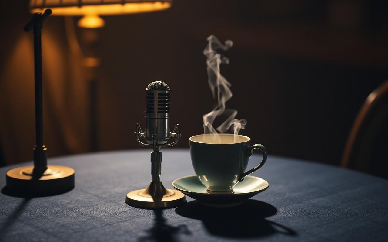 A vintage microphone and a steaming cup of tea in warm lamplight
