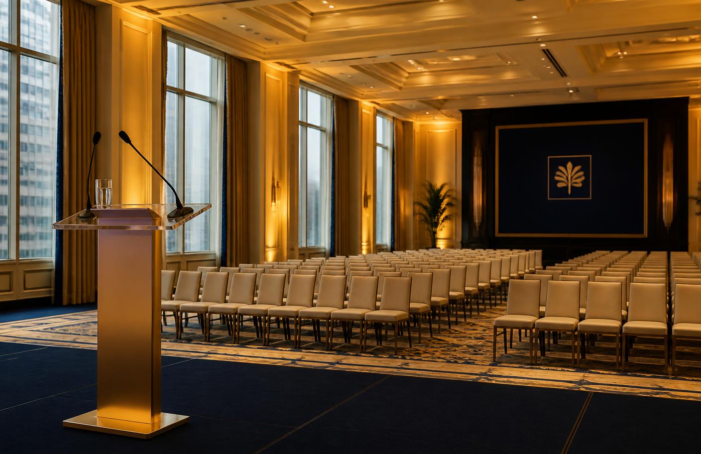 A warmly lit room set for a keynote conversation