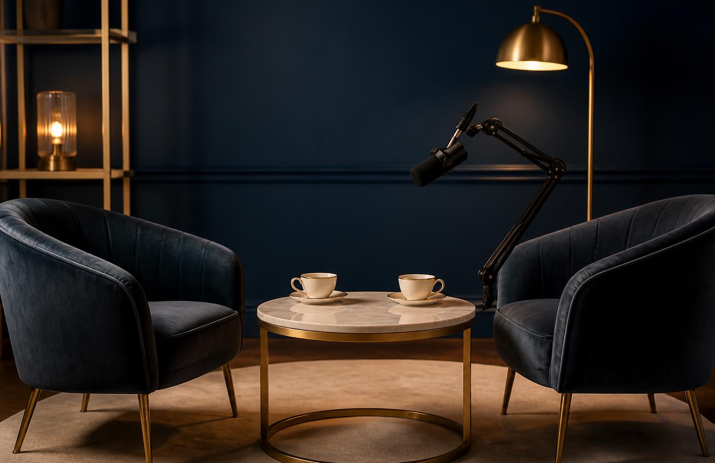 The Vibrant Visions conversation studio with two chairs, tea and a microphone