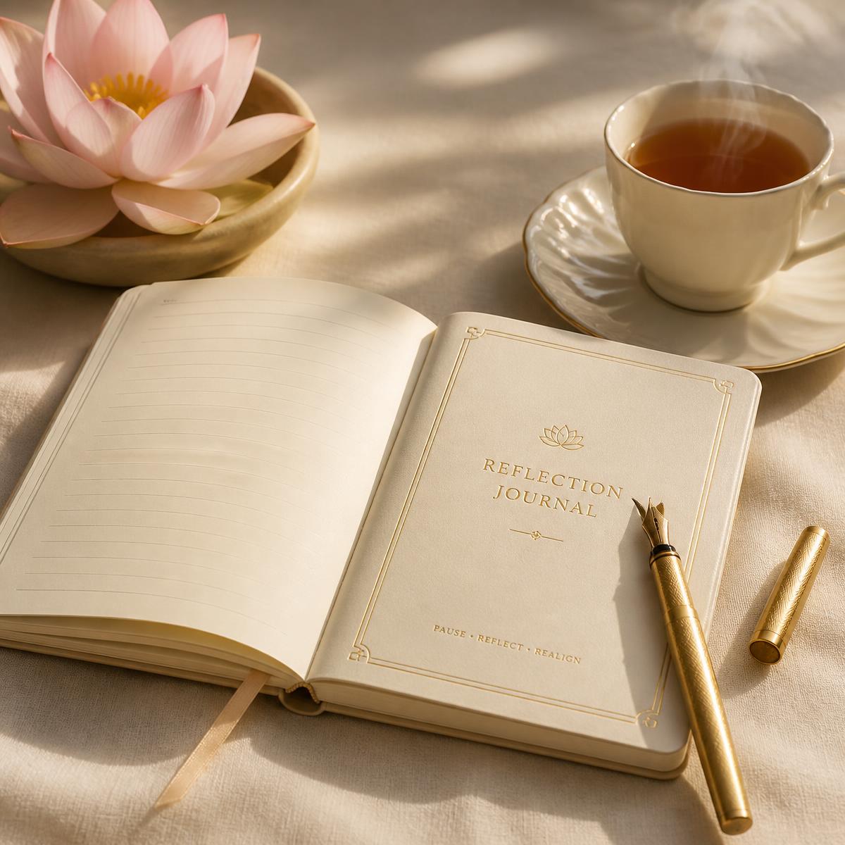 An open journal, pen and tea on a softly lit table